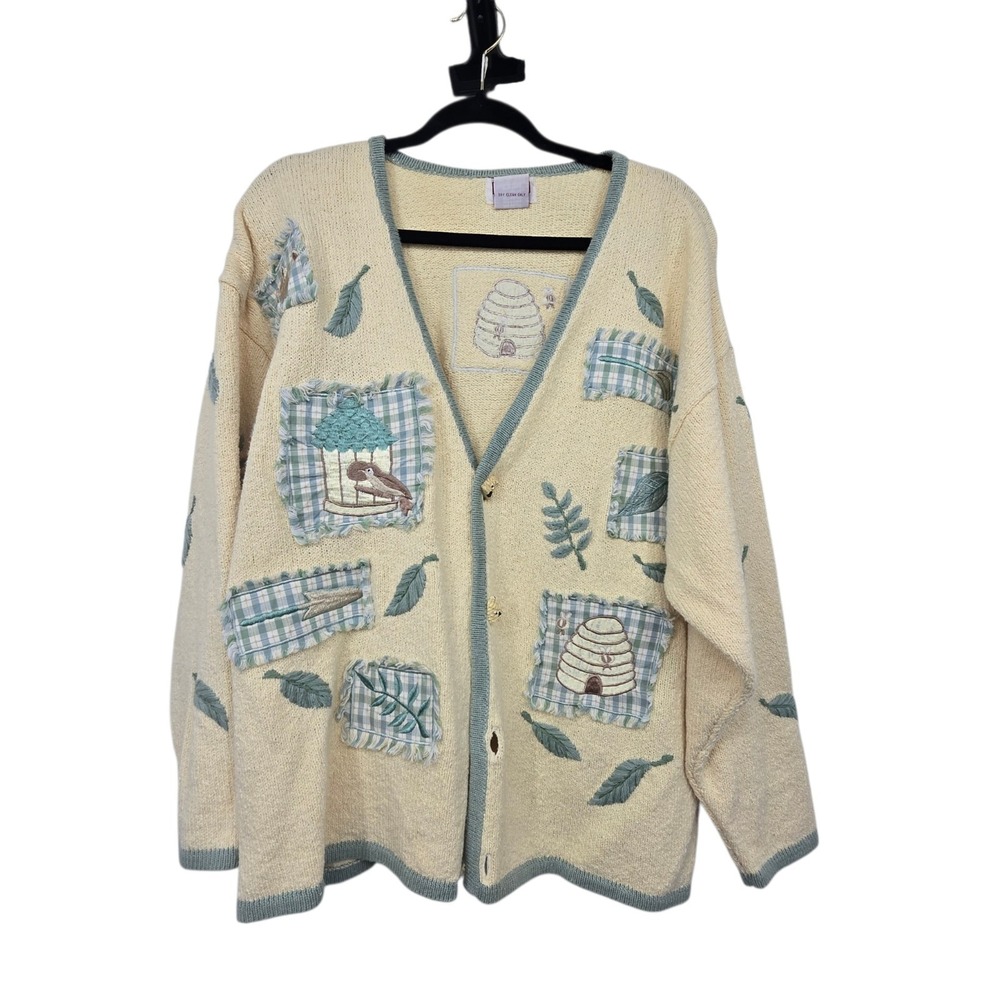 Vintage 90s PBJ Sport Embroidered Birds Bees Cardigan Womens XL Yellow Cottage